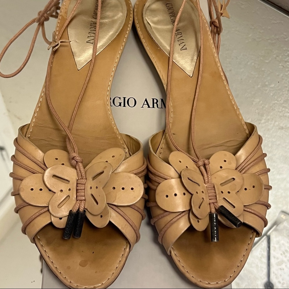 Giorgio Armani blush leather, butterfly, lace up ankle, flat sandals. 
.